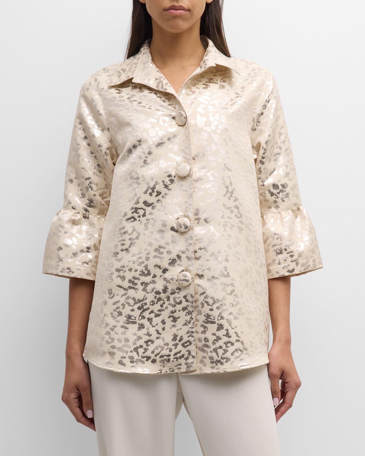 Caroline Rose Button-down Shimmer Jacquard Pary Shirt In Ivorygold