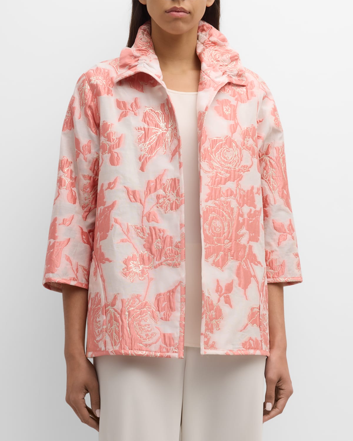 Caroline Rose Carol Rose Metallic Floral Jacquard Jacket In Coralwhitegold