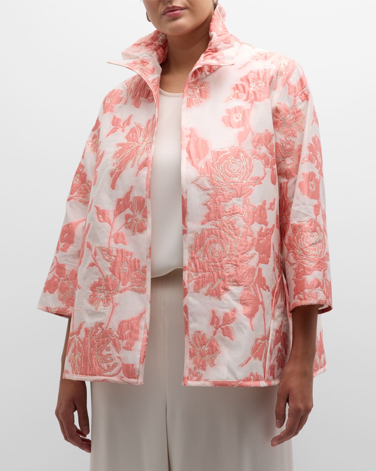 Plus Coral Rose Devore Metallic A-Line Jacket