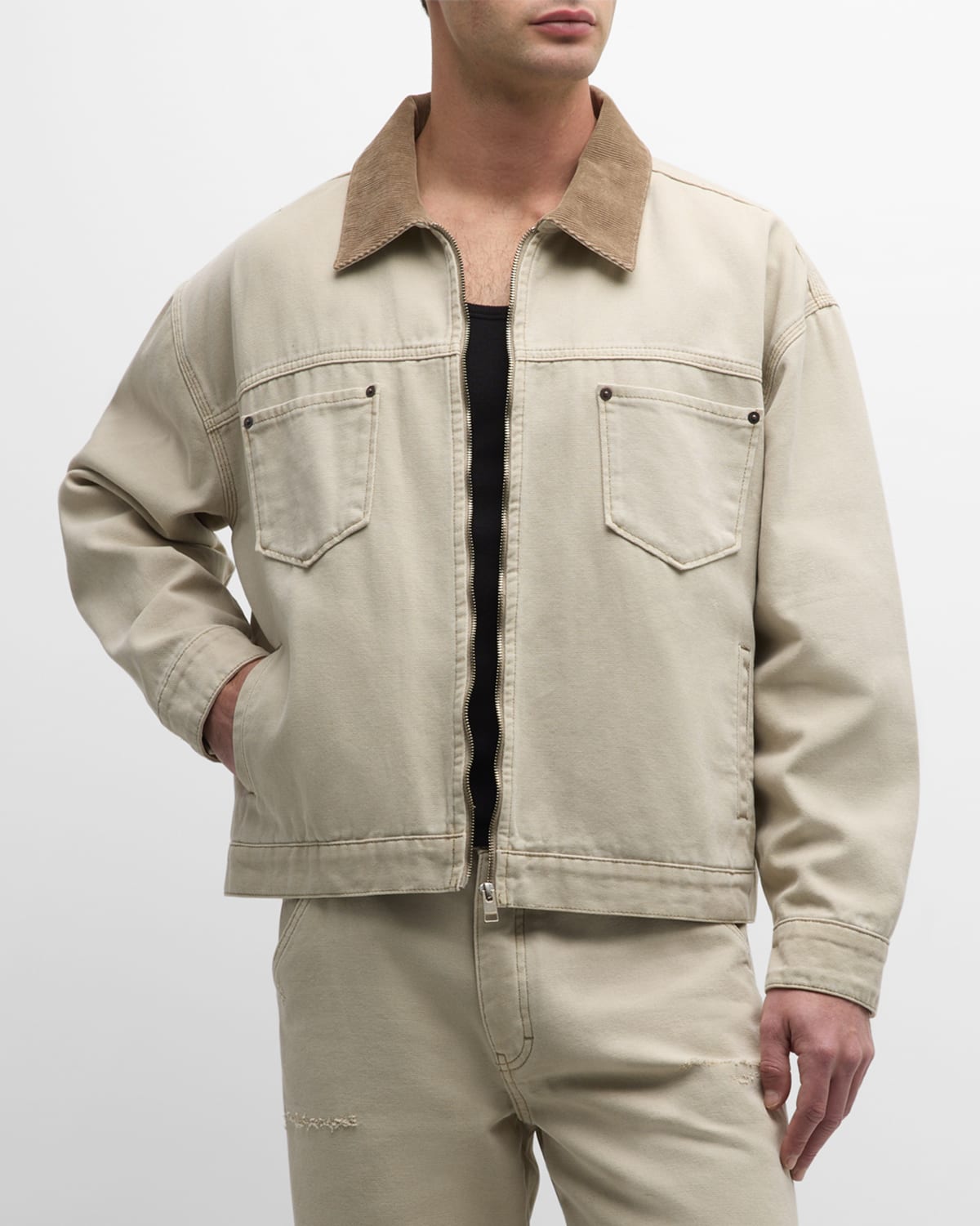 Shop Frame Men's Canvas Trucker Jacket With Contrast Collar In Beach Sand