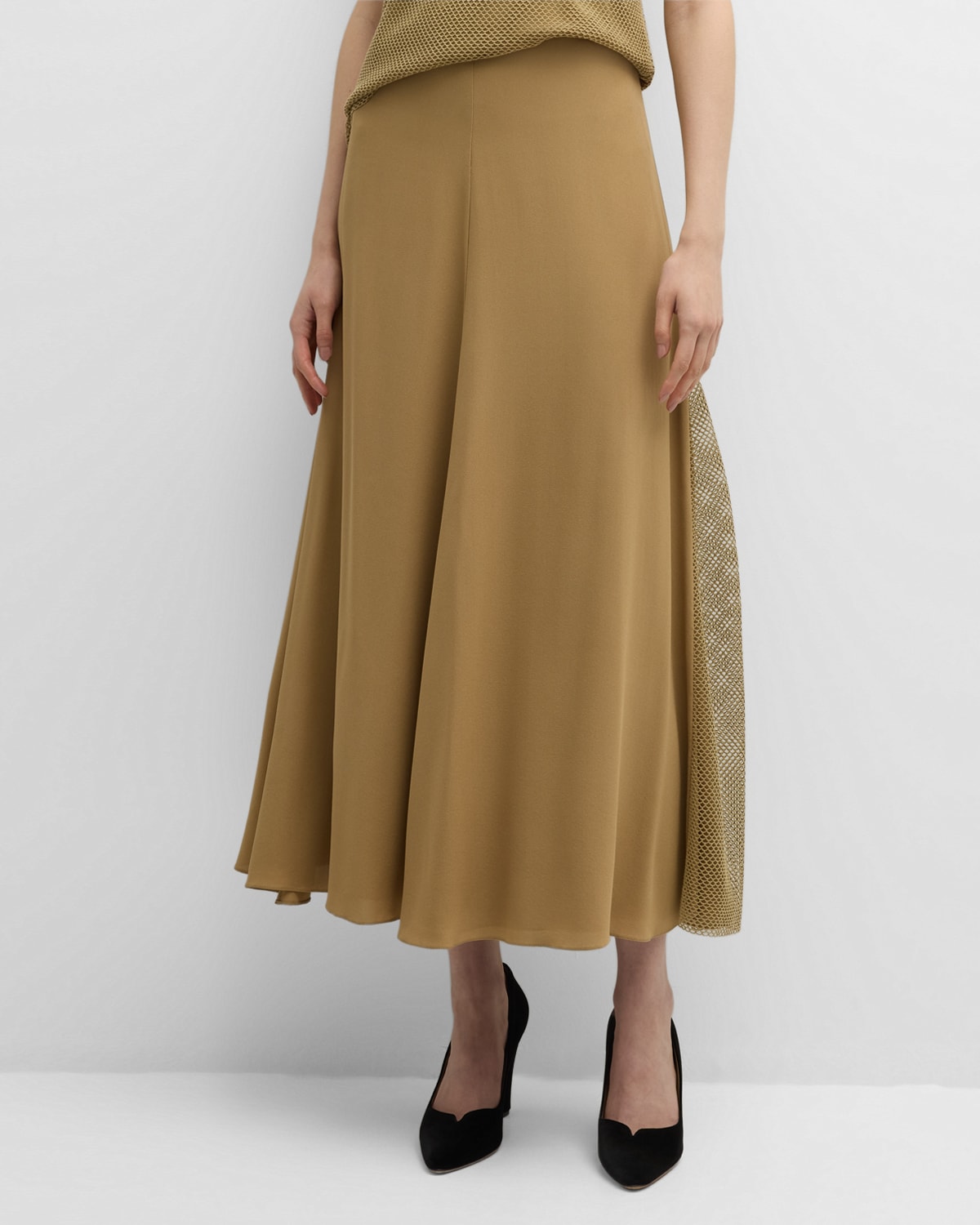 Chloé X Atelier Jolie Mesh Godet A-line Maxi Skirt In Seed Brown