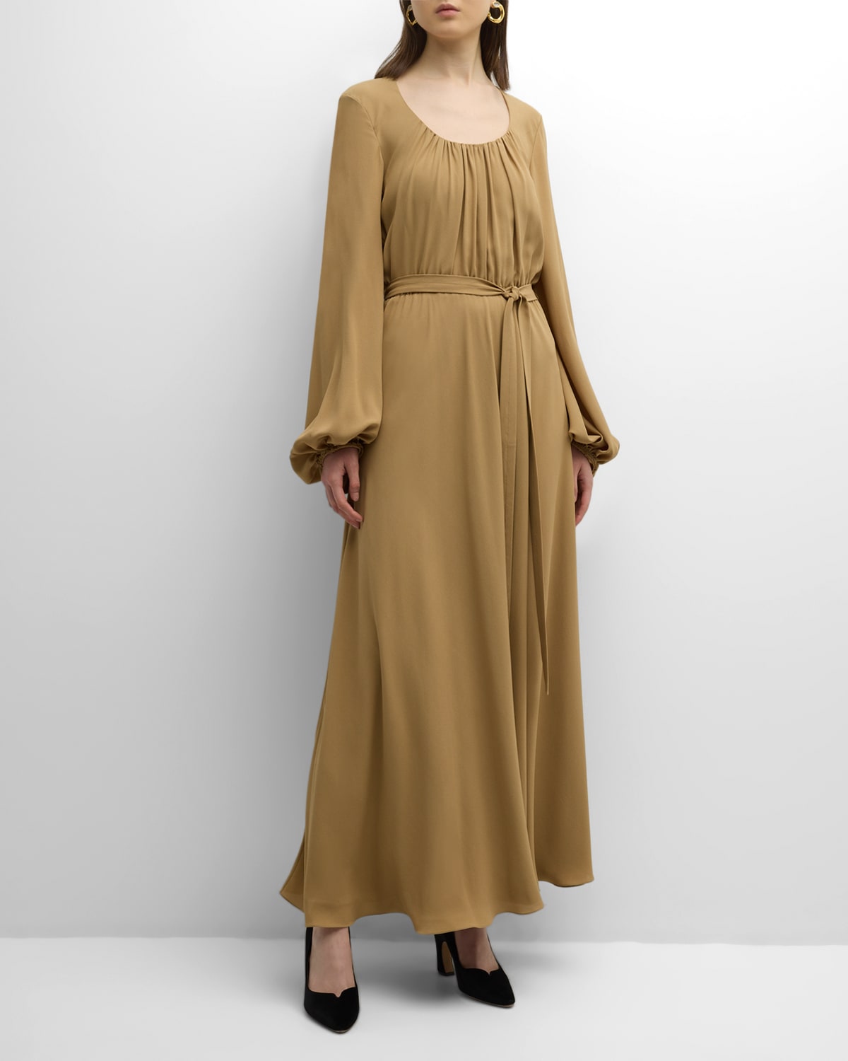 Chloé X Atelier Jolie Scoop-neck Long-sleeve Belted Silk Maxi Dress In Iconic Milk