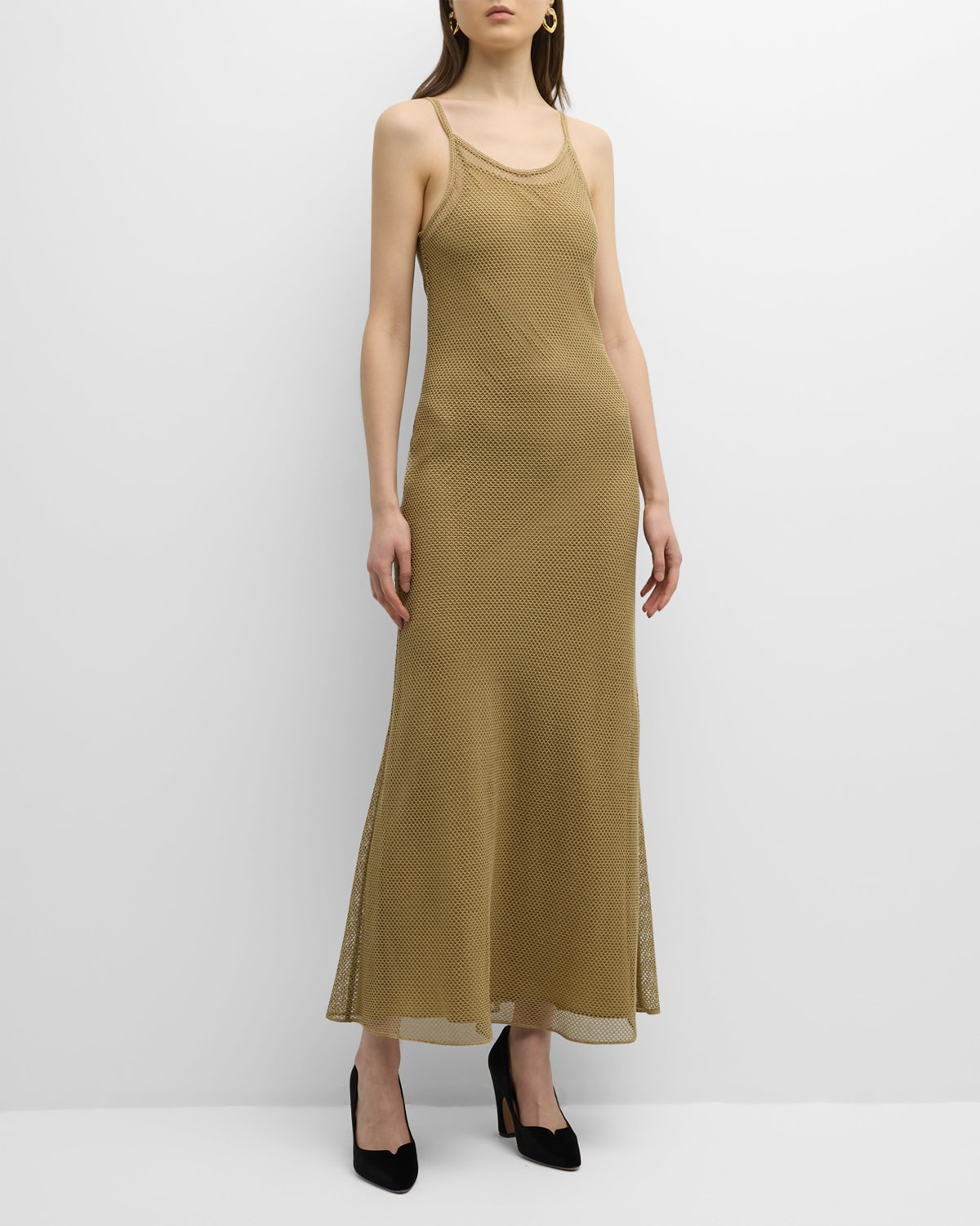 Chloé X Atelier Jolie Layered Fishnet Maxi Slip Dress In Safari Khaki