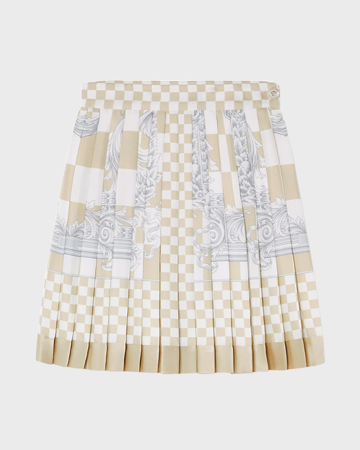 Versace Skirt Fabric Silver Baroque Crest Damier Print Silk Twill In Light Sandwhitesi