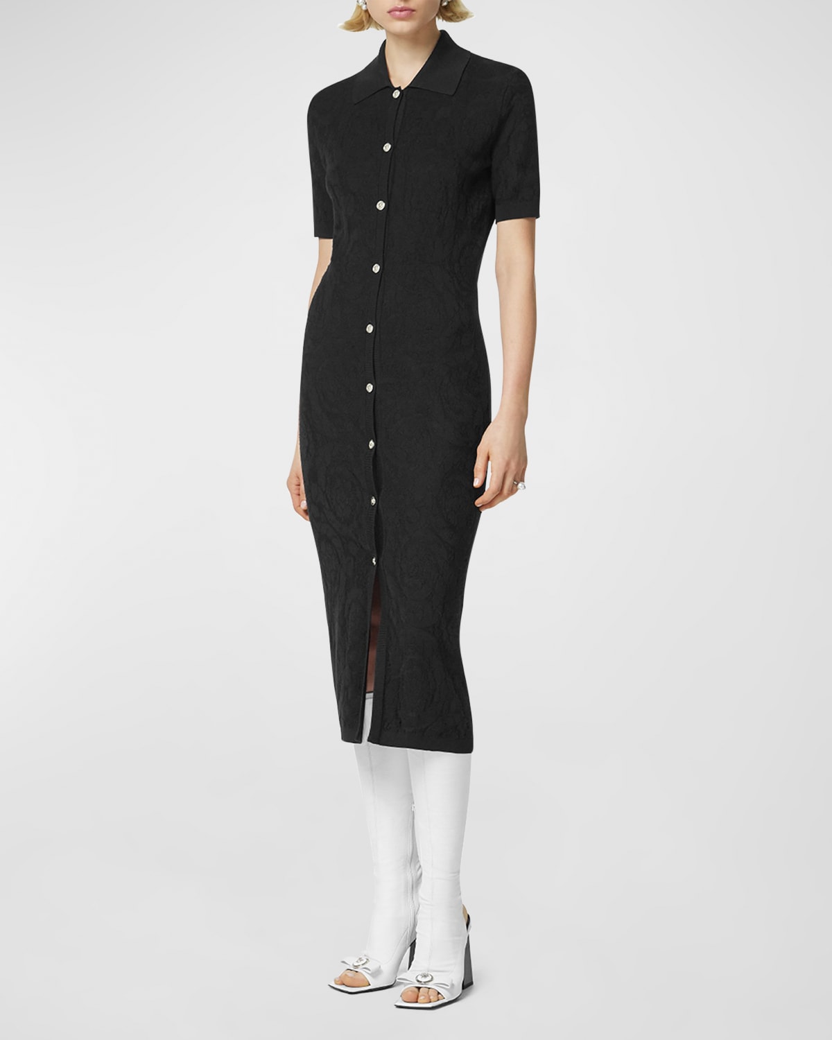 Versace Barocco Texture Knit Short-sleeve Button-front Midi Shirtdress In Black