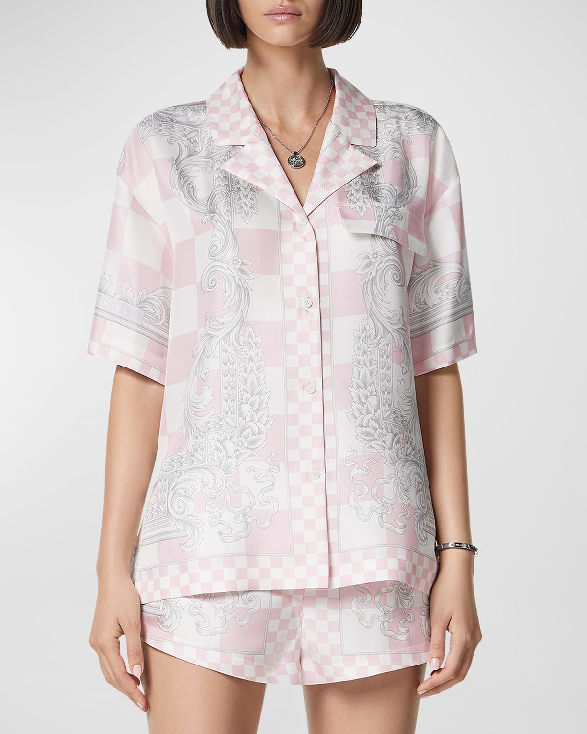 Shop Versace Silver Baroque Crest Damier Print Silk Twill Short-sleeve Shirt In Pastel Pinkwhitesi