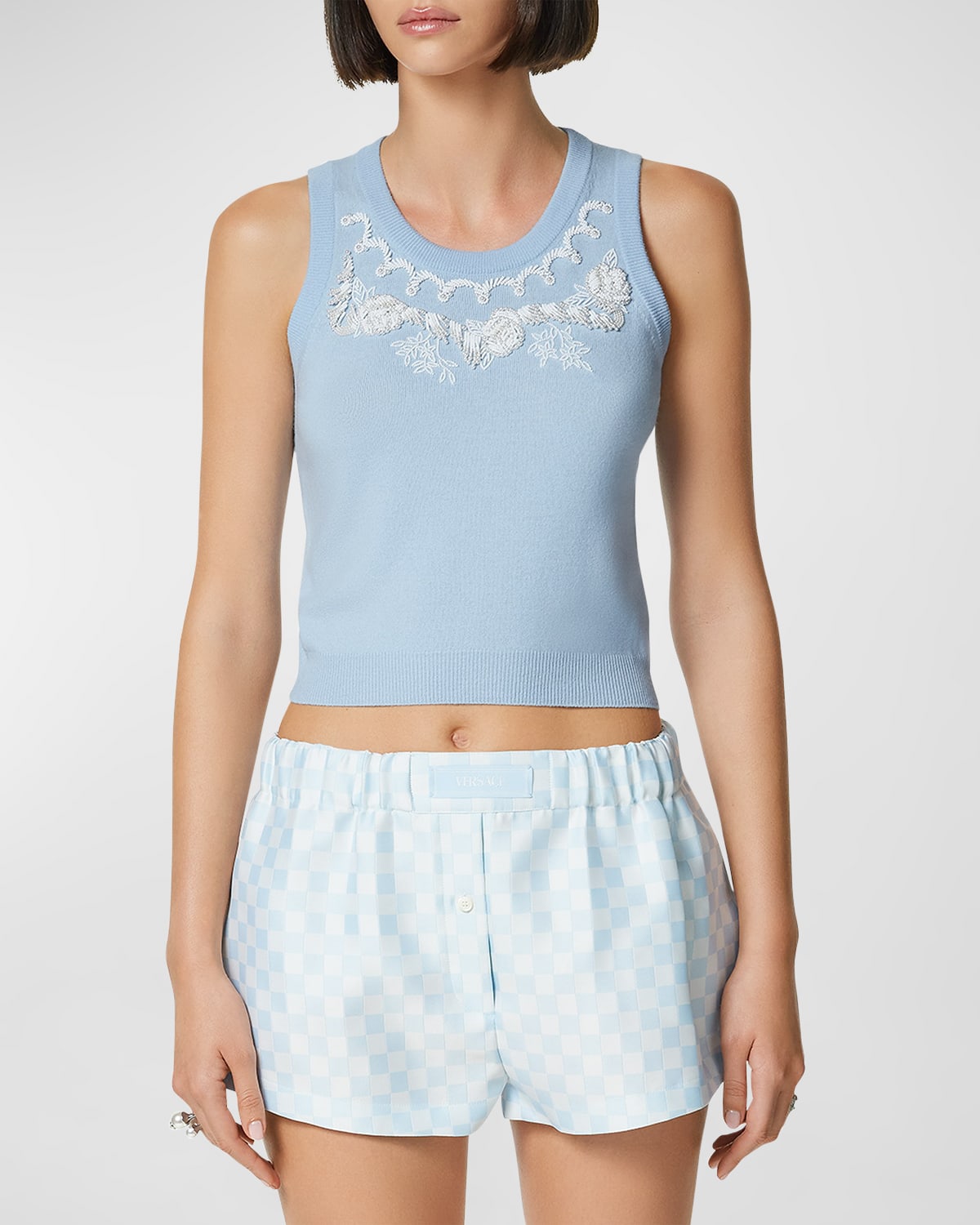 Shop Versace Floral Bead Embroidered Knit Tank Top In Pastel Blue