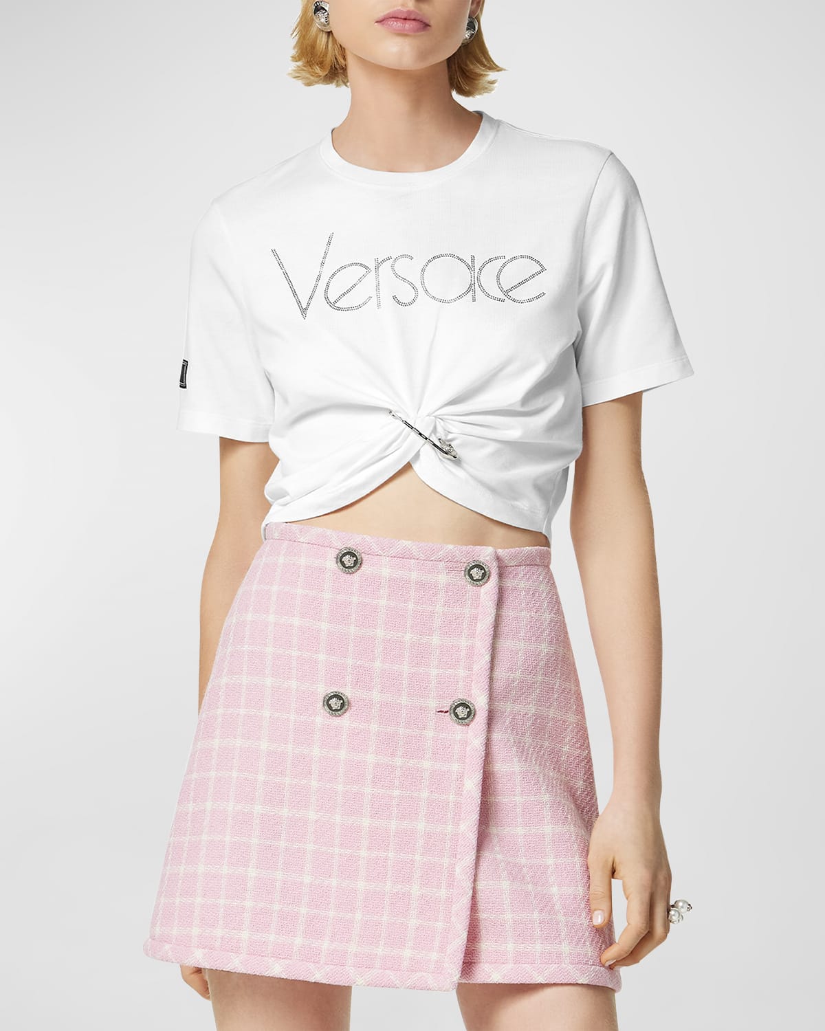 Shop Versace 80s Logo Hotfix Safety-pin Short-sleeve Crop T-shirt In Whitecrystal