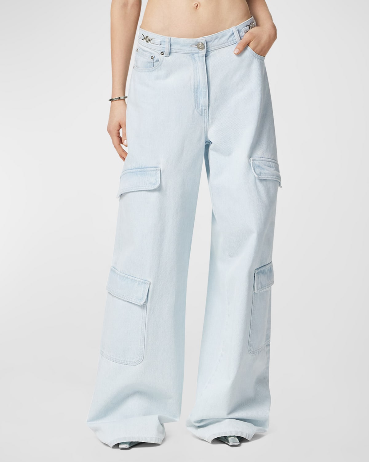 Shop Versace Mid-rise Stone Wash Straight-leg Cargo Pants In Light Blue Ice
