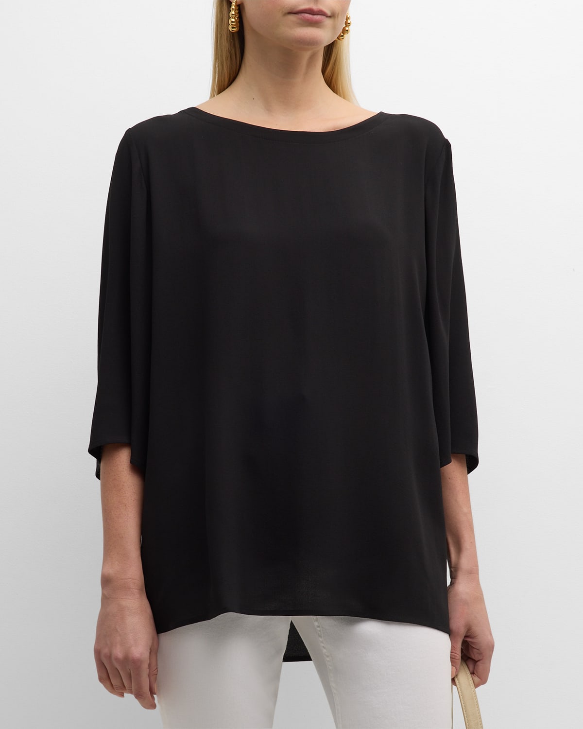 Shop Eileen Fisher Scoop-neck 3/4-sleeve Silk Top In Black