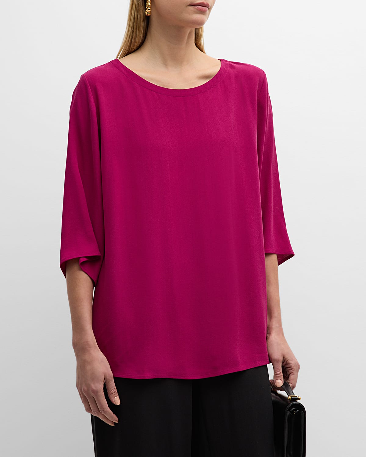 Shop Eileen Fisher Scoop-neck 3/4-sleeve Silk Top In Rhapsody