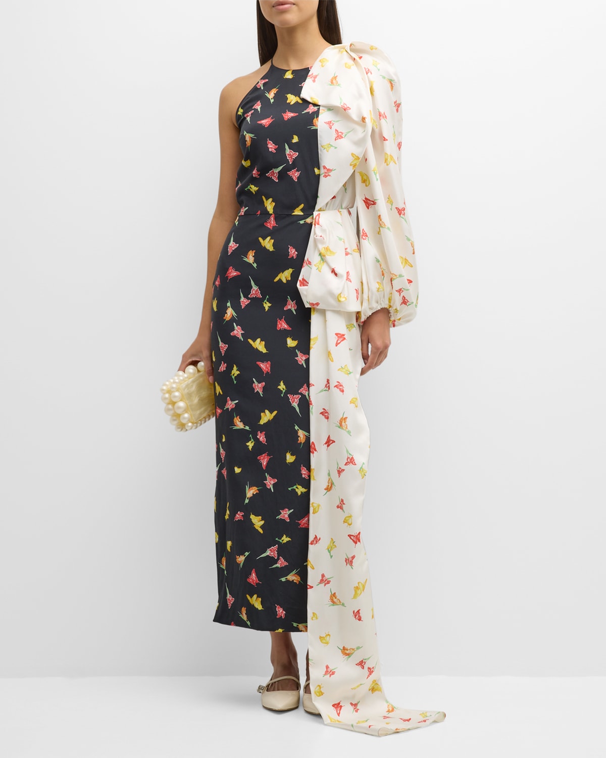 Alhambra Butterfly-Print Draped Balloon-Sleeve Maxi Dress