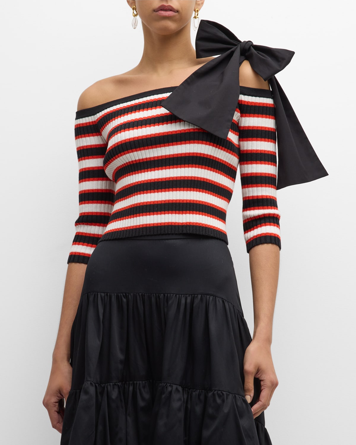 Shop Hellessy Carlo Bow Off-the-shoulder Striped Rib Crop Top In Black Multi