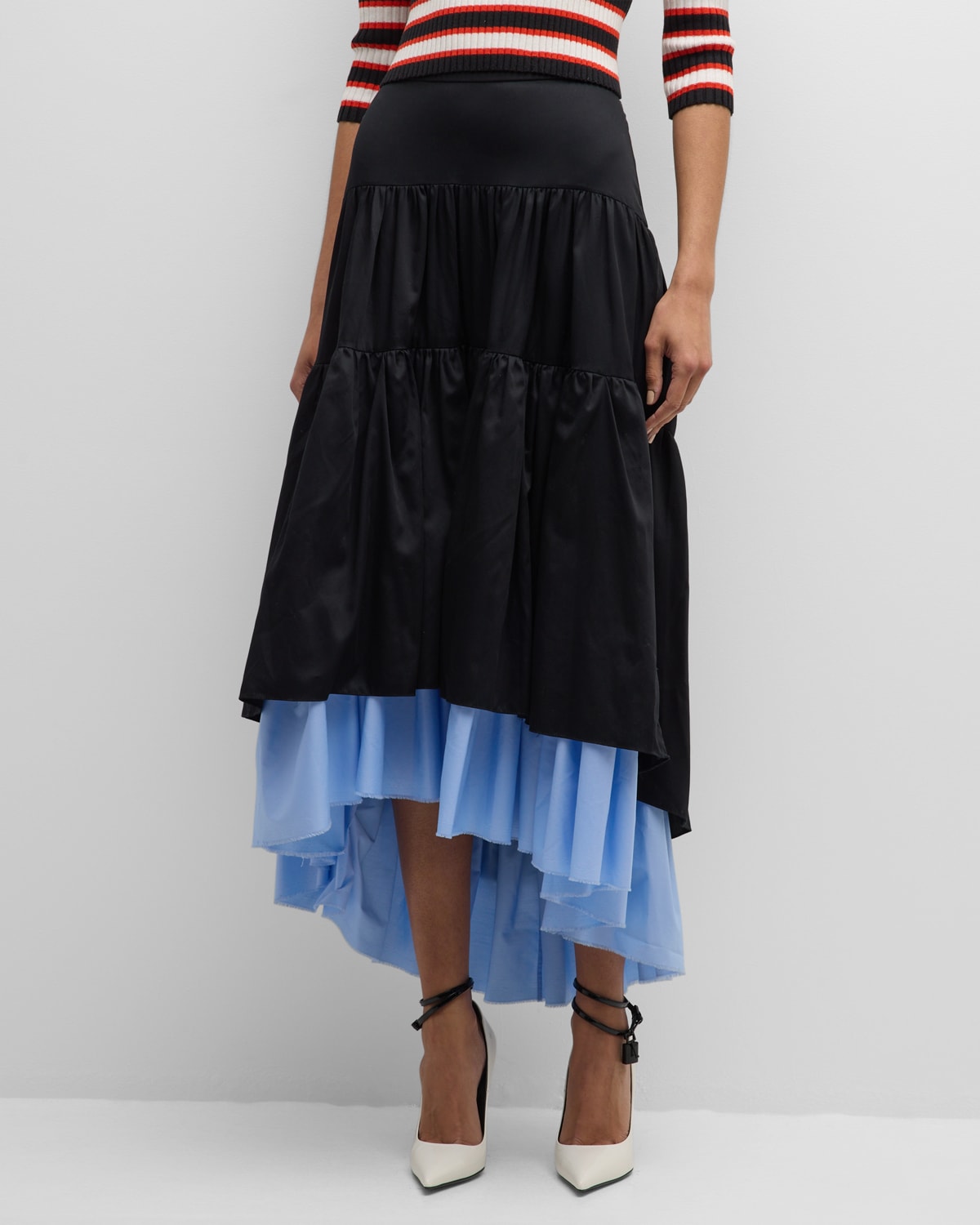 Alyssa Tiered Satin Cotton High-Low Skirt