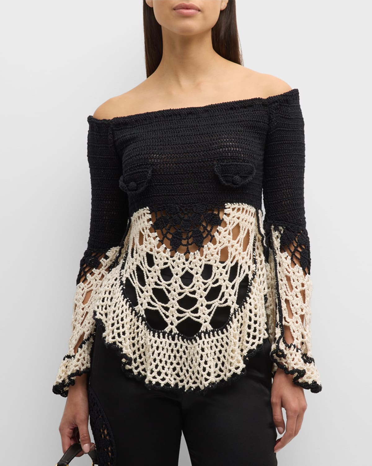 Shop Hellessy Machi Crochet Knit Off-the-shoulder Top In Black/ecru