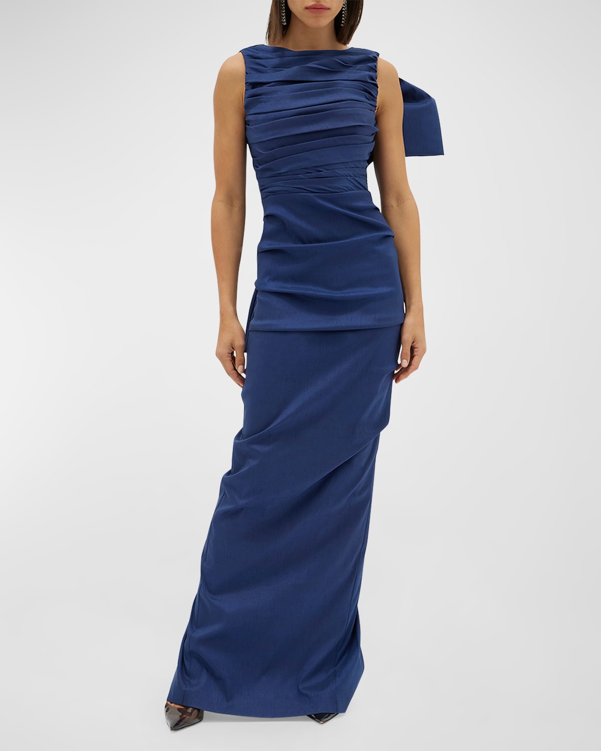 Rachel Gilbert Zora Ruched Taffeta Gown With Back Bow In Navy
