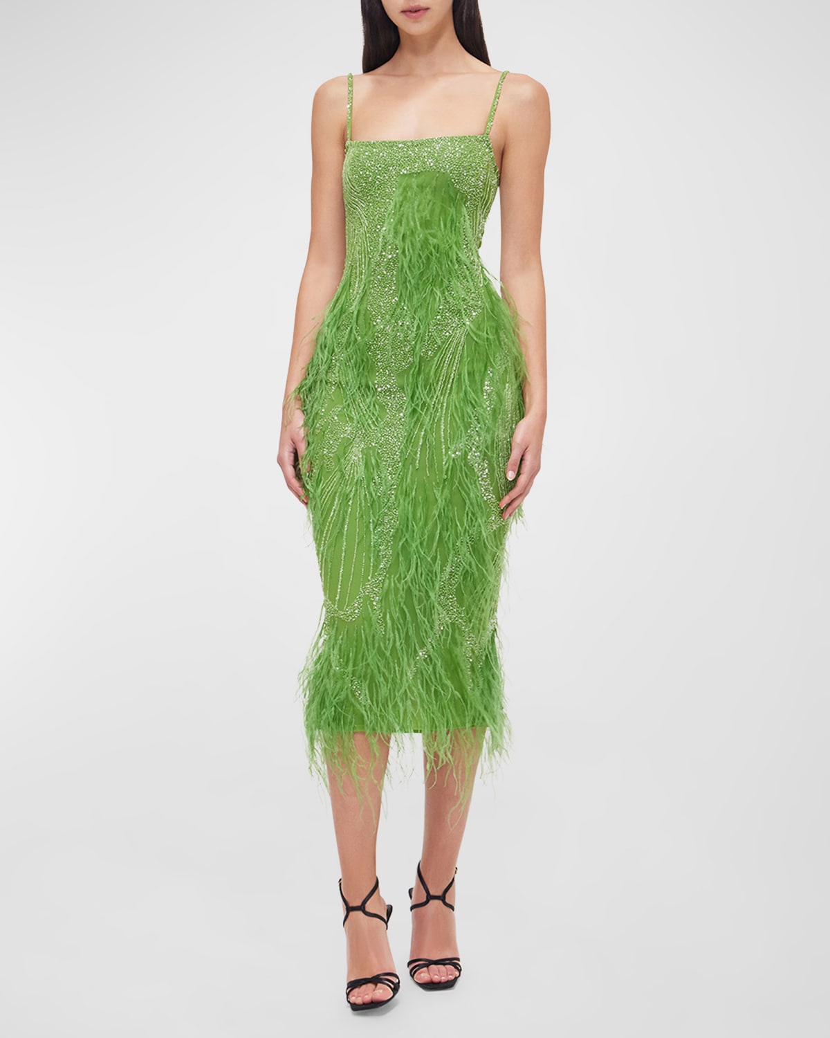 RACHEL GILBERT BEADED FEATHERED MIDI DRESS