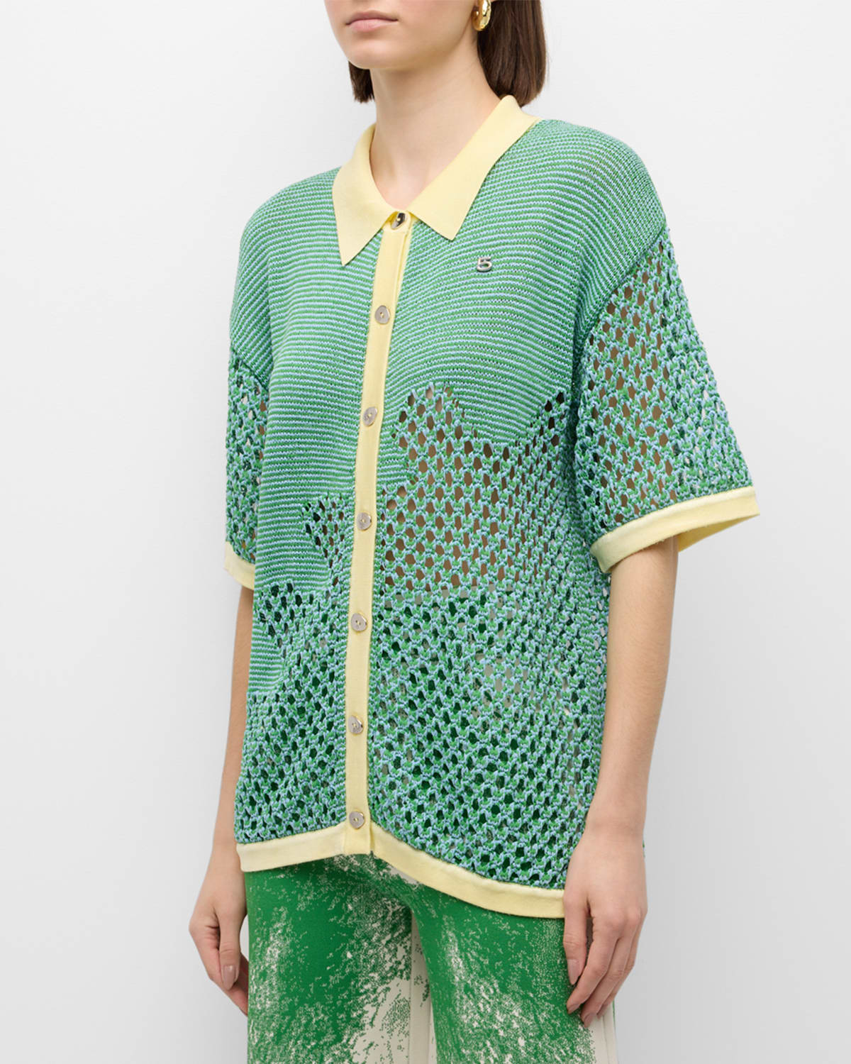 Shop Ph5 Olivia Crochet Short-sleeve Button-front Shirt In Teal Blast