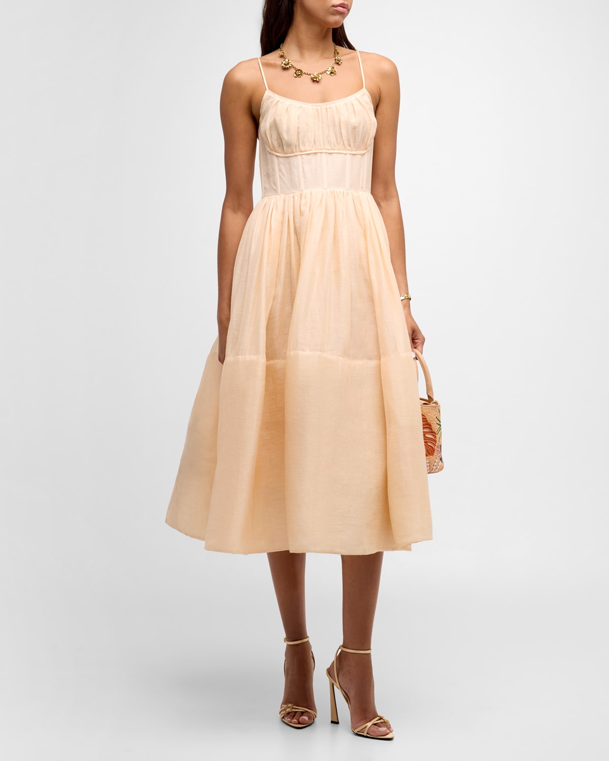 Shop Zimmermann Natura Ruched A-line Midi Dress In Light Peach