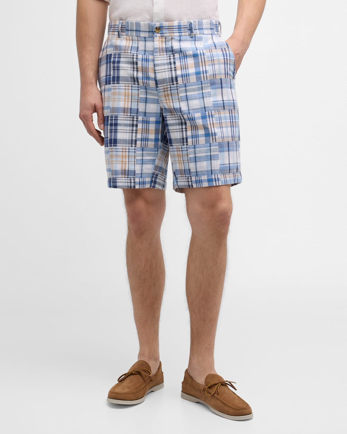 Shop Peter Millar Men's Cabana Madras Cotton Flat-front Shorts In Navy