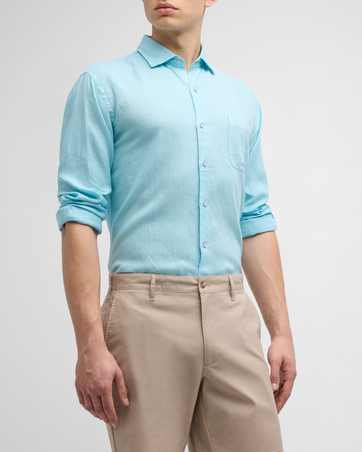 Shop Peter Millar Men's Coastal Garment-dyed Linen Sport Shirt In Mint Blue
