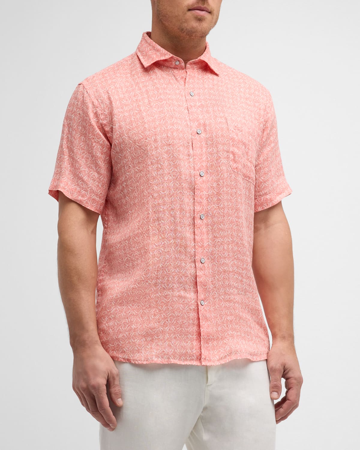 Shop Peter Millar Men's Sandblast Linen Short-sleeve Sport Shirt In Clay Rose