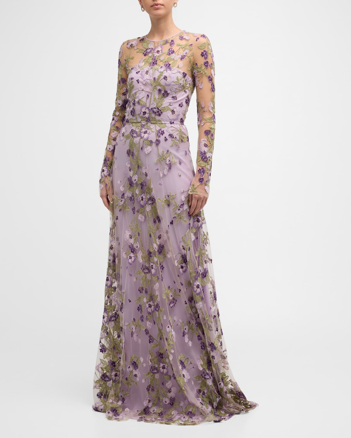 Embroidered Floral Gown with Sheer Overlay
