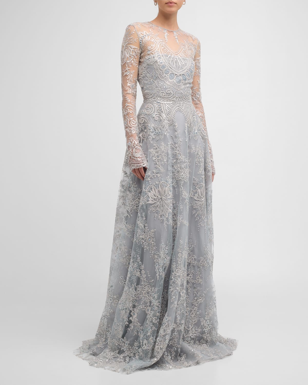 NAEEM KHAN TATTOO LACE GOWN WITH SHEER OVERLAY