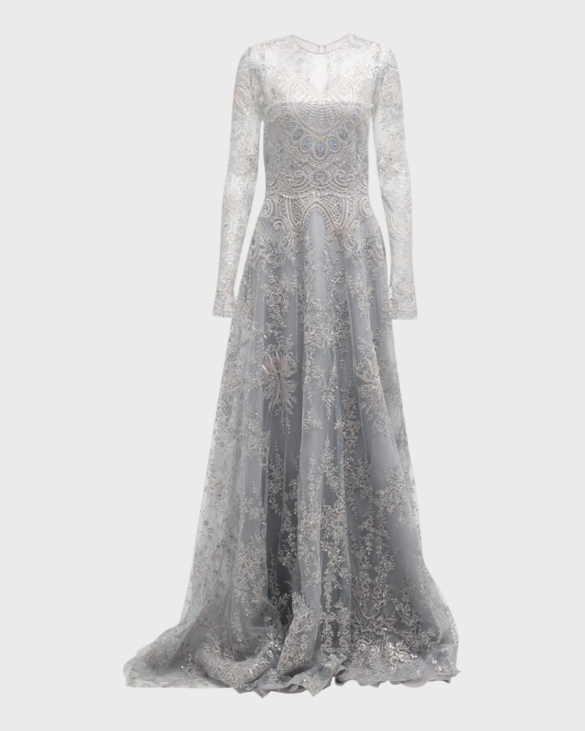 Naeem Khan Tattoo Lace Gown With Sheer Overlay In Blue