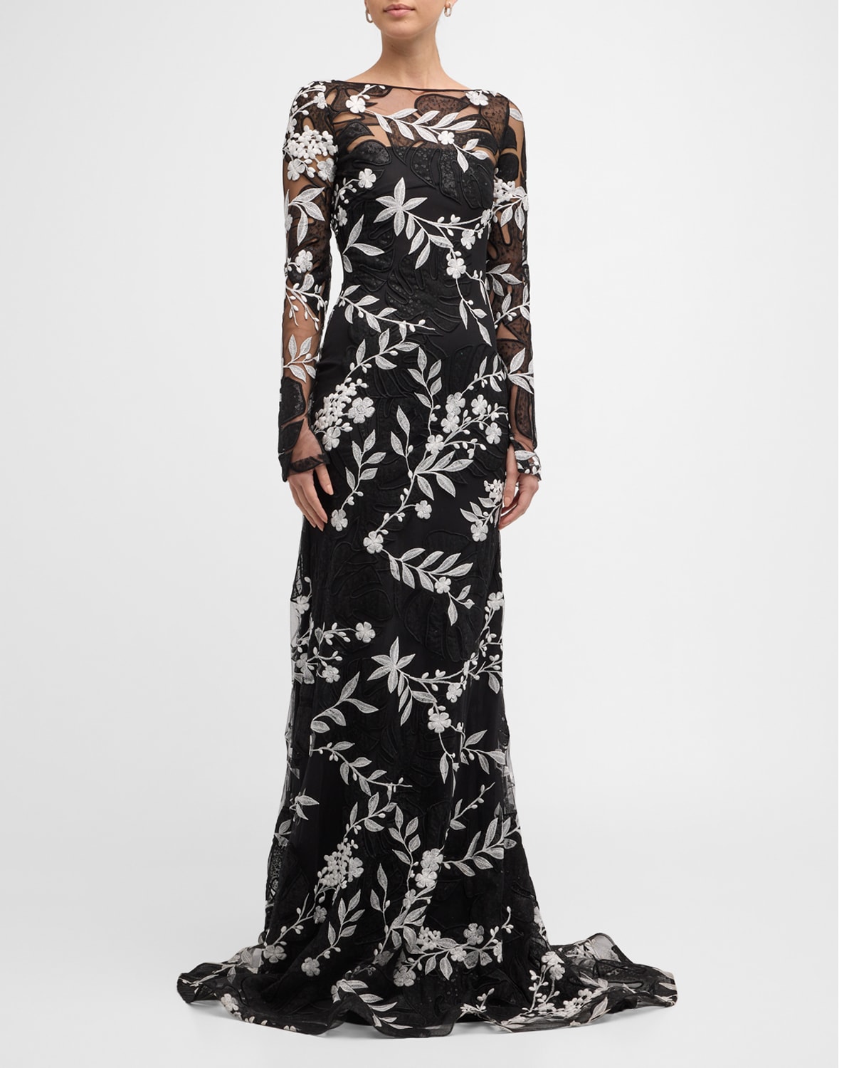 NAEEM KHAN FLORAL EMBROIDERED GOWN WITH SHEER OVERLAY