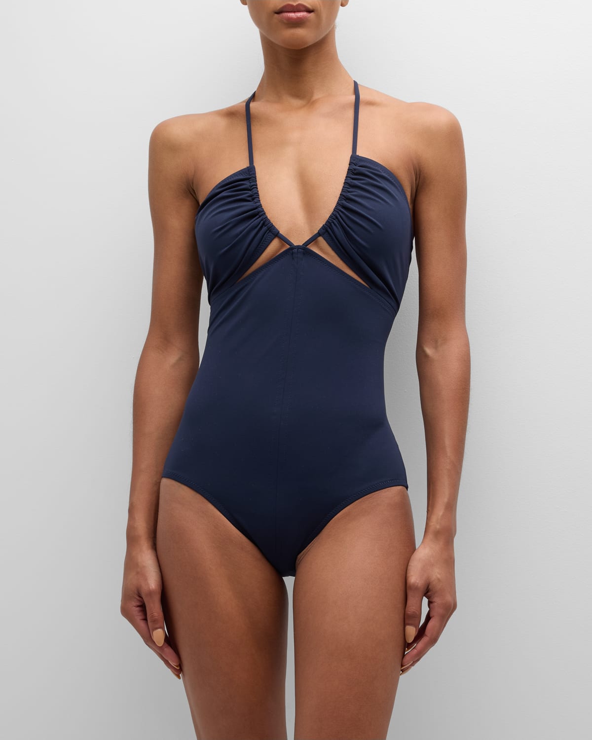 Shop Ulla Johnson Akami Strappy Halter One-piece Swimsuit In Midnight
