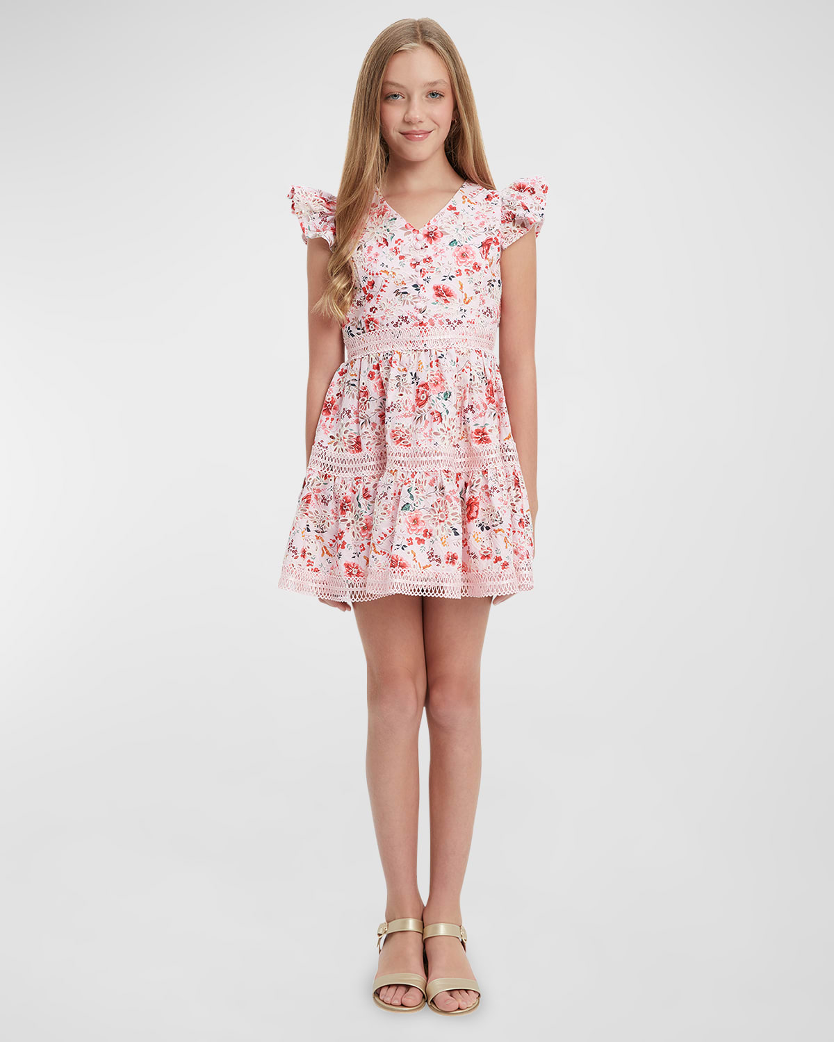 Girl's Zietta Floral Cap-Sleeve Mini Dress, Size 4-14