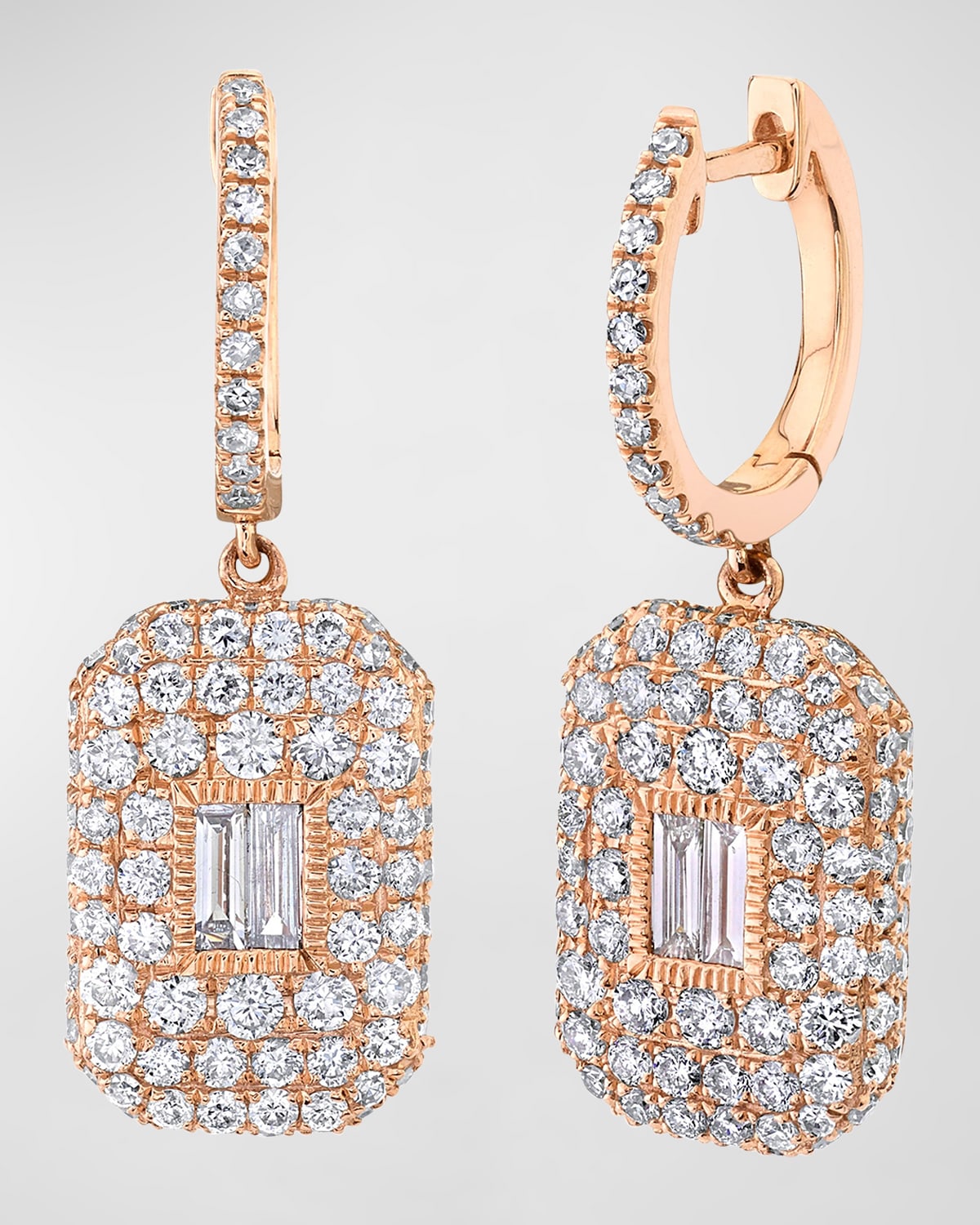 18K Rose Gold Pave Baguette Diamond Earrings