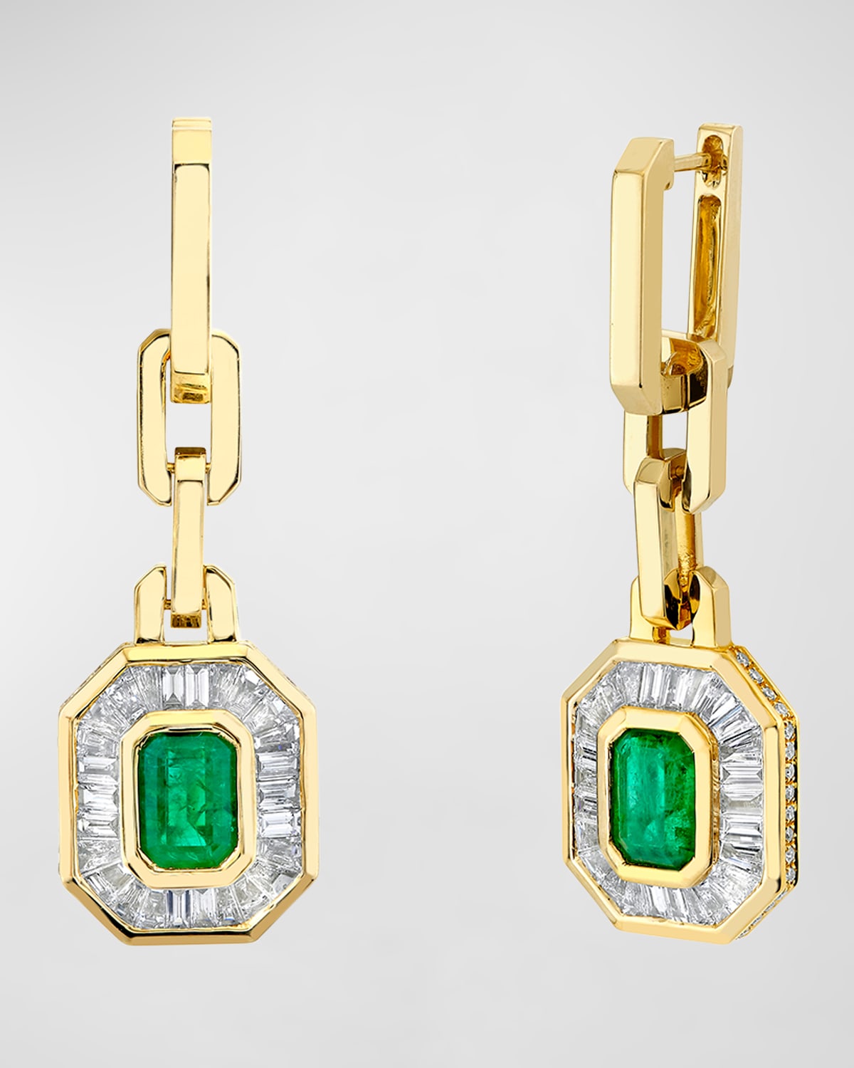 18K Yellow Gold Emerald and Diamond Halo Mini Deco Drop Earrings
