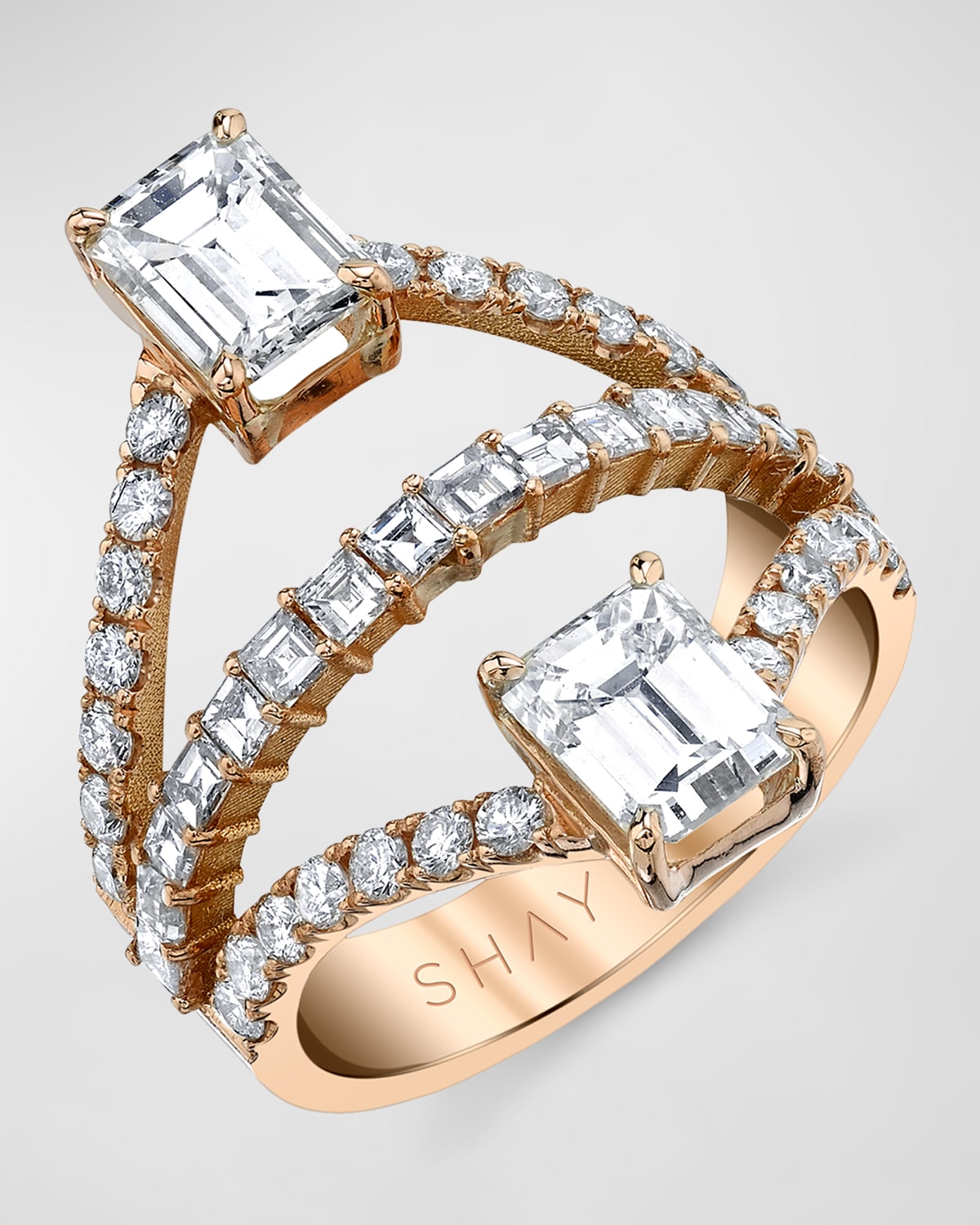 18K Rose Gold Princess and Double Emerald Cut Diamond Ring