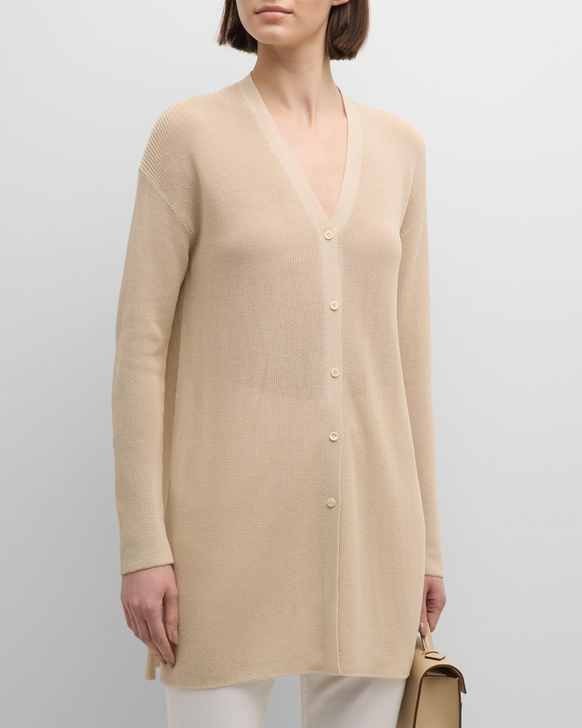 Lafayette 148 Ribbed Side-slit Cotton Cardigan In Pebble
