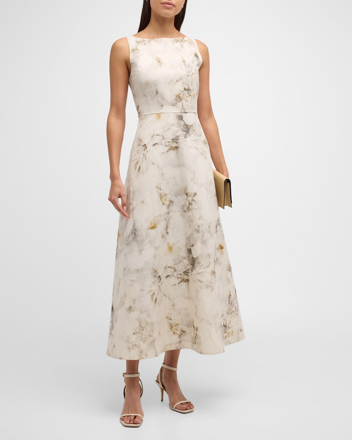 Shop Lafayette 148 Sleeveless Leaf-print Silk-linen Midi Dress In Cloud Multi