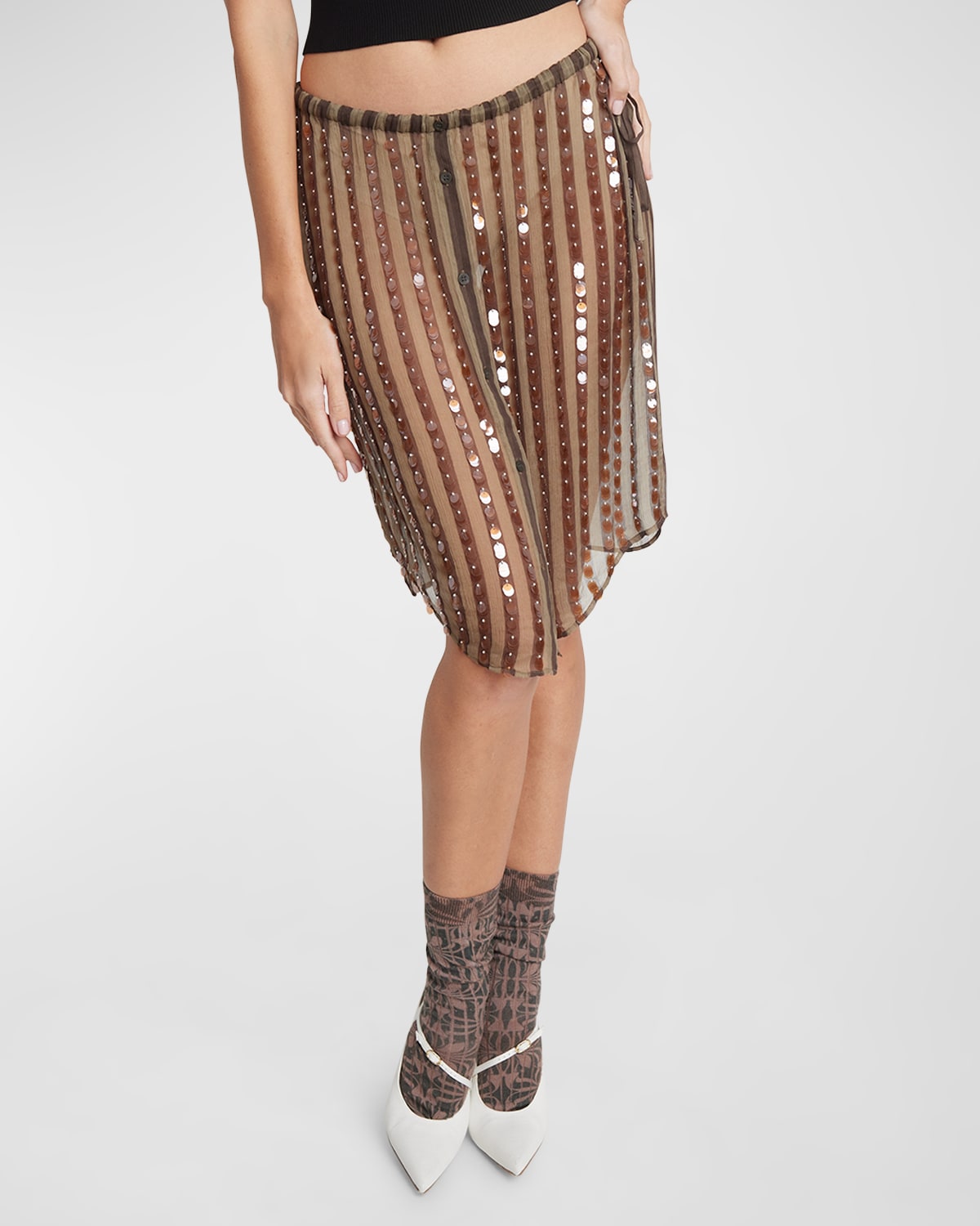 Shop Dries Van Noten Shirty Embellished Sheer Midi Skirt In Brown