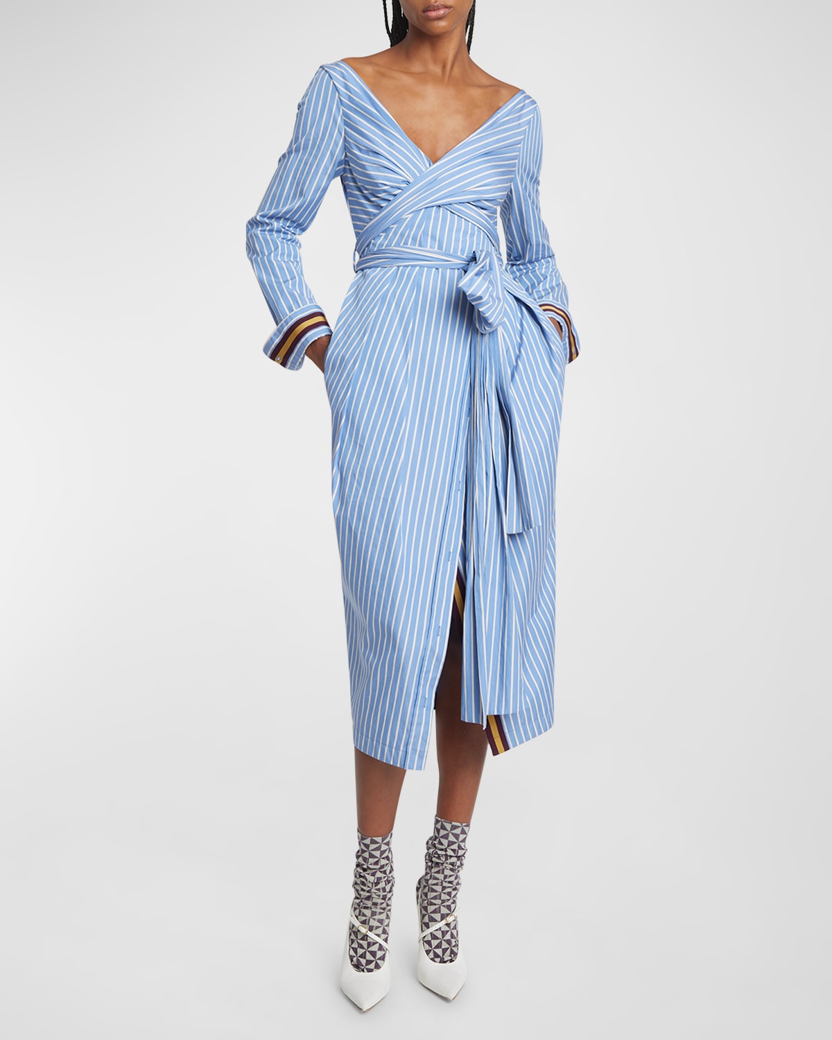 Shop Dries Van Noten Dolada Striped Wrap Dress With Tie Belt In Light Blue