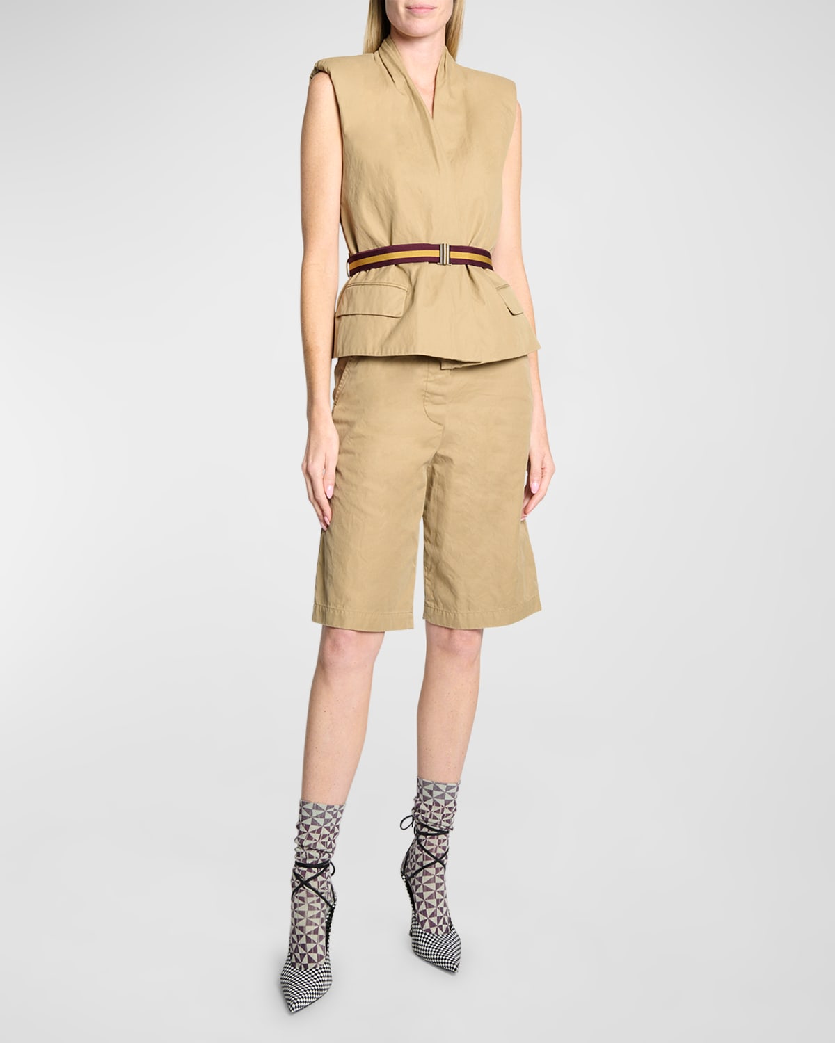 Dries Van Noten Pulian Belted Long Shorts In Beige