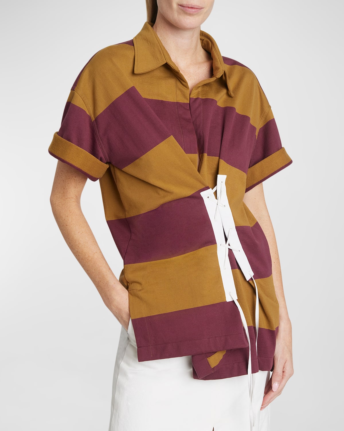 Shop Dries Van Noten Click Striped Lace-up Shirt In Mustard