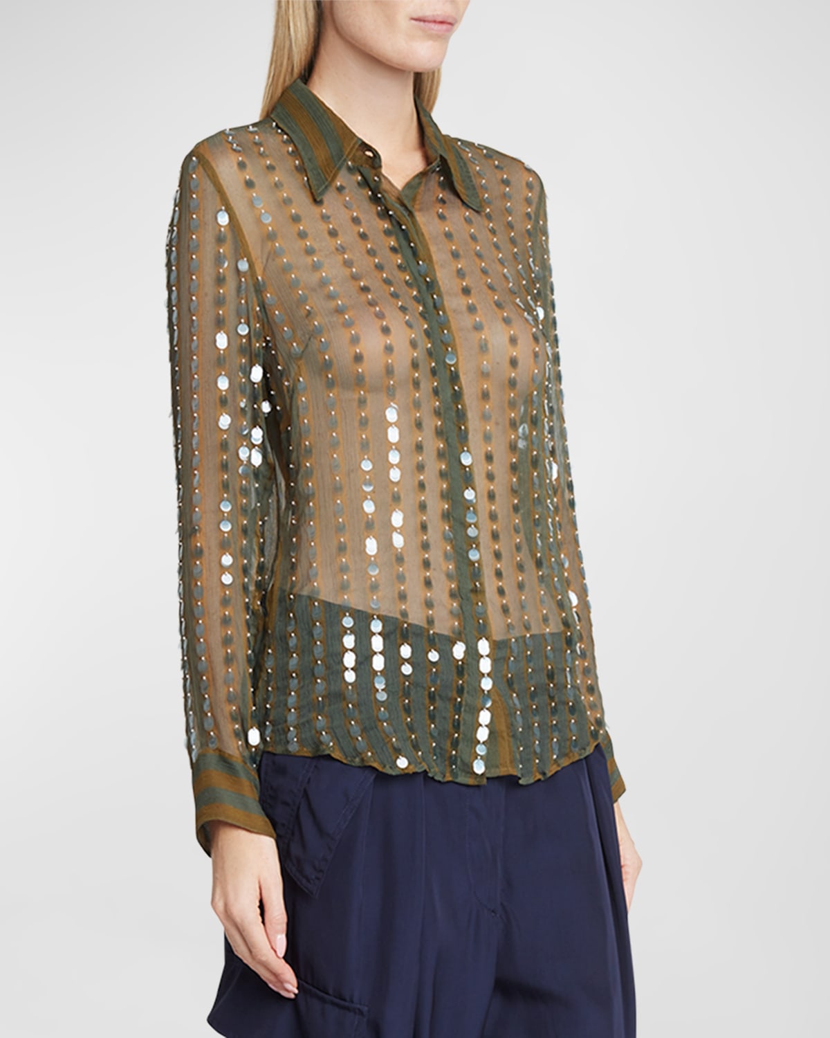 Dries Van Noten Chowy Embellished Button-front Shirt In Khaki