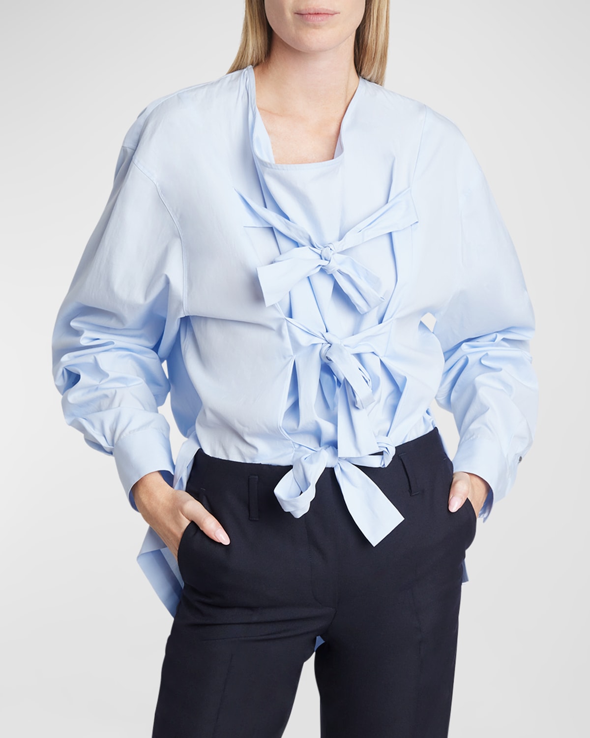 Dries Van Noten Cabara Oversize Shirt With Bow Detail In Light Blue