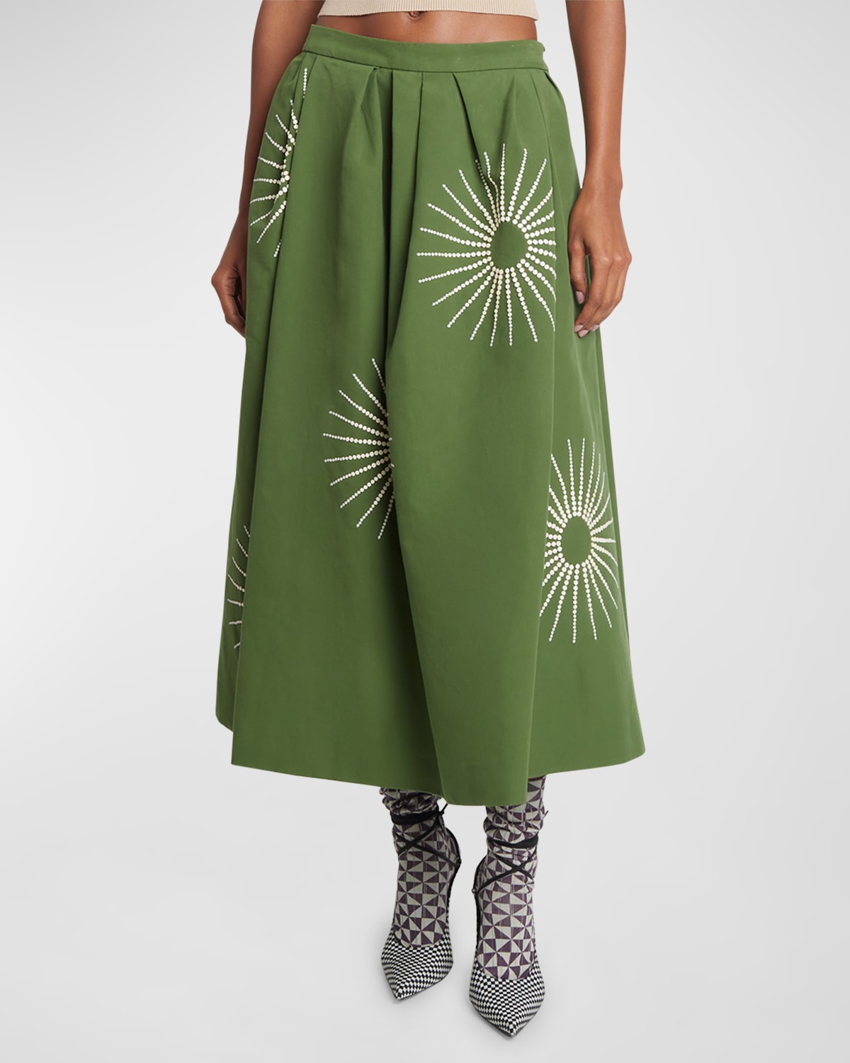 Shop Dries Van Noten Soni Embroidered Circle-cut Maxi Skirt In Olive