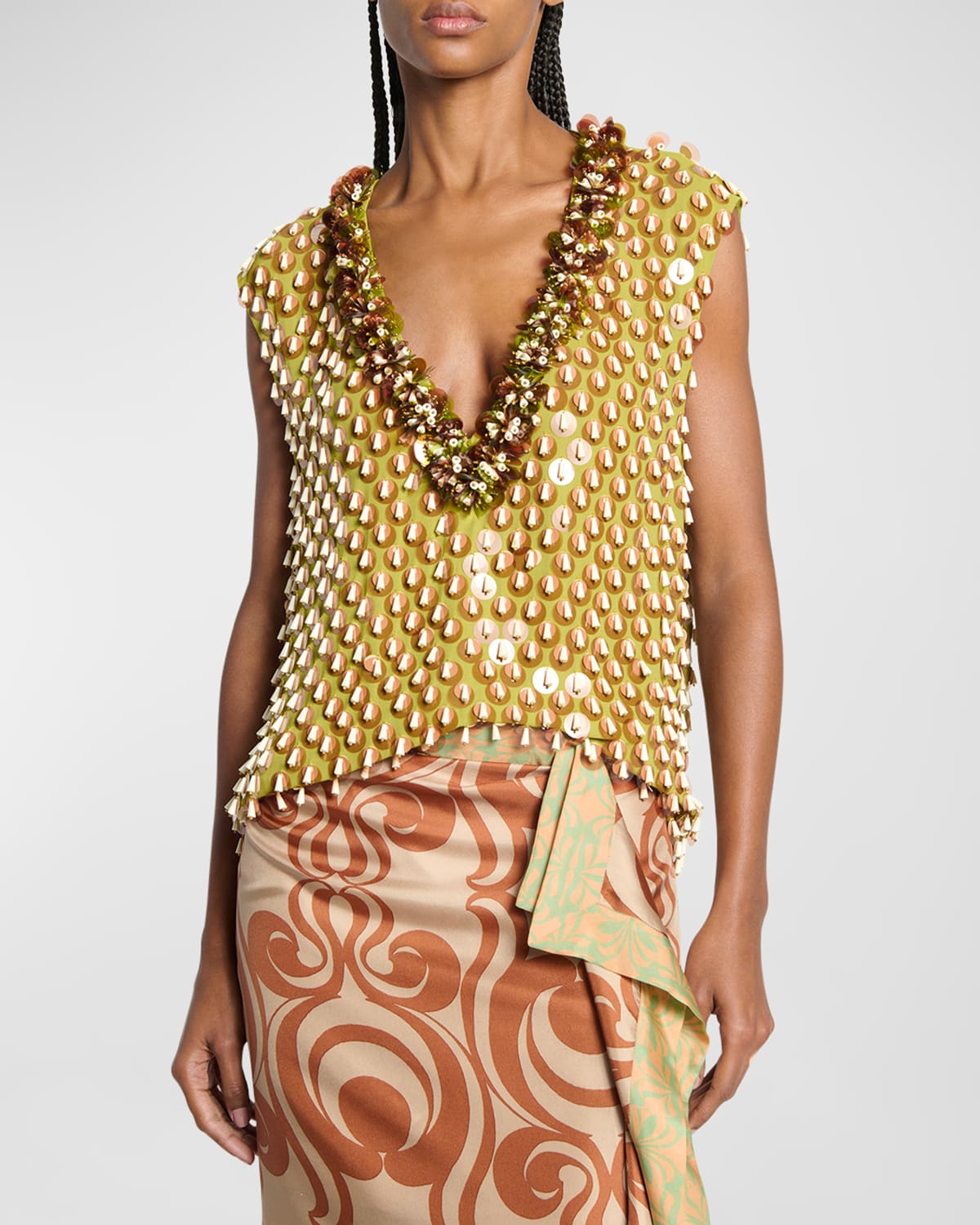Dries Van Noten College Embellished Plunging Tank Top In Lime