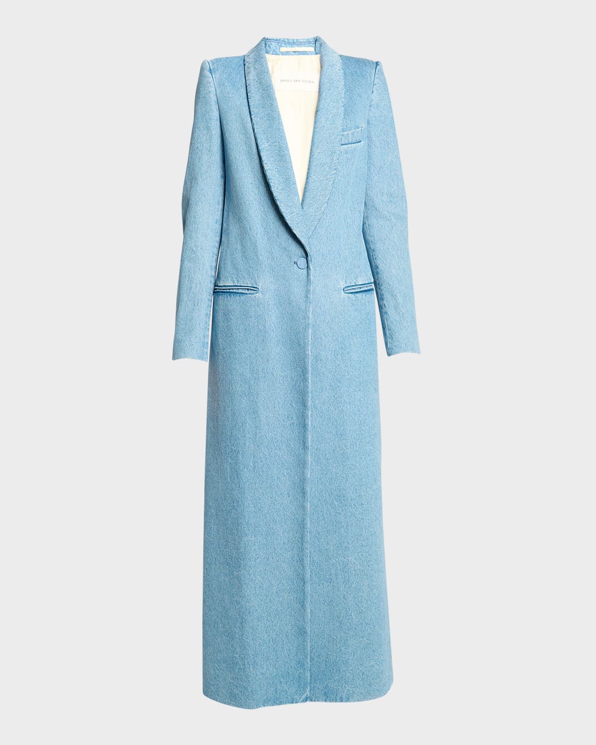 Dries Van Noten Raida Denim Long Single-breasted Tuxedo Coat In Light Blue