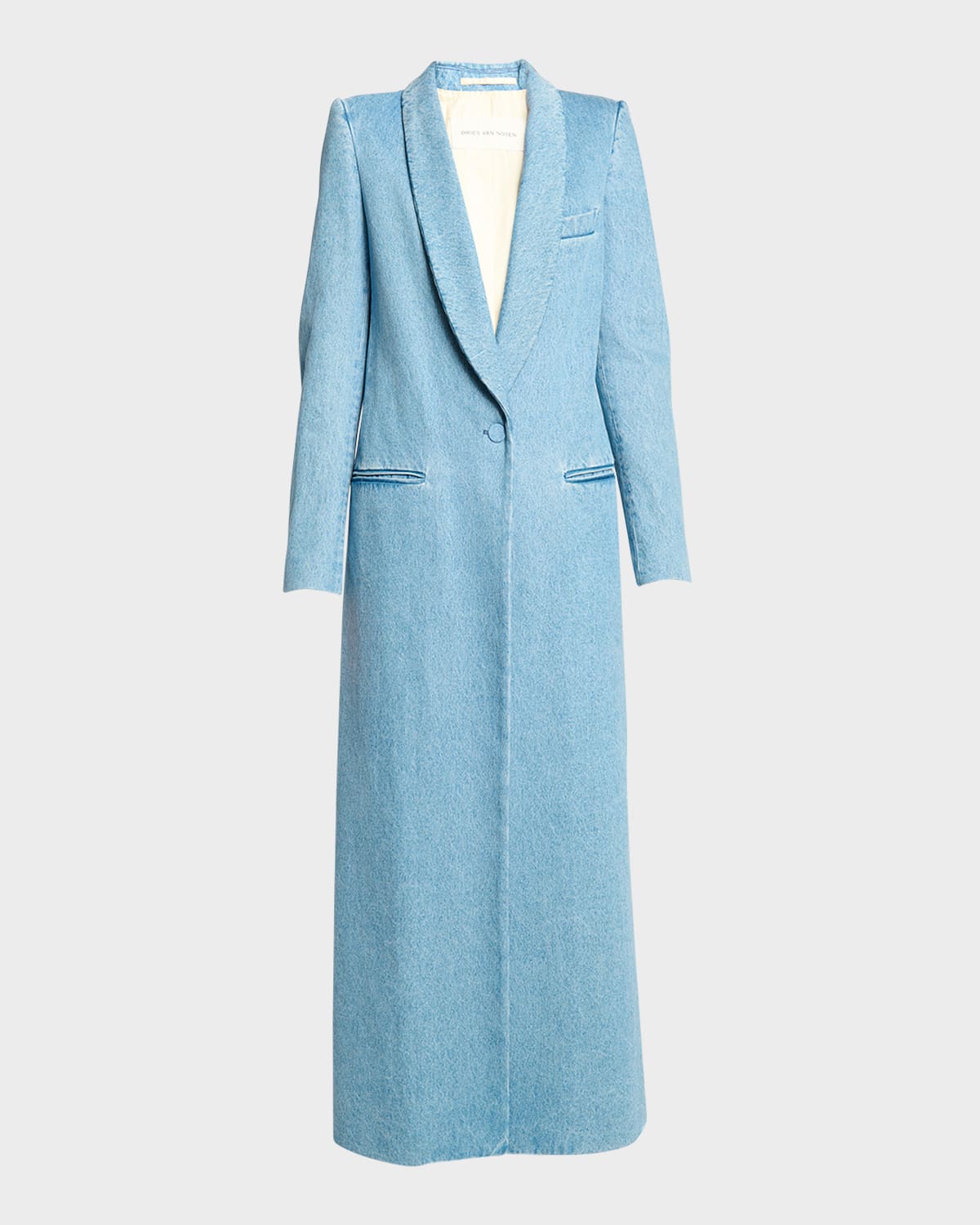 Shop Dries Van Noten Raida Denim Long Single-breasted Tuxedo Coat In Light Blue