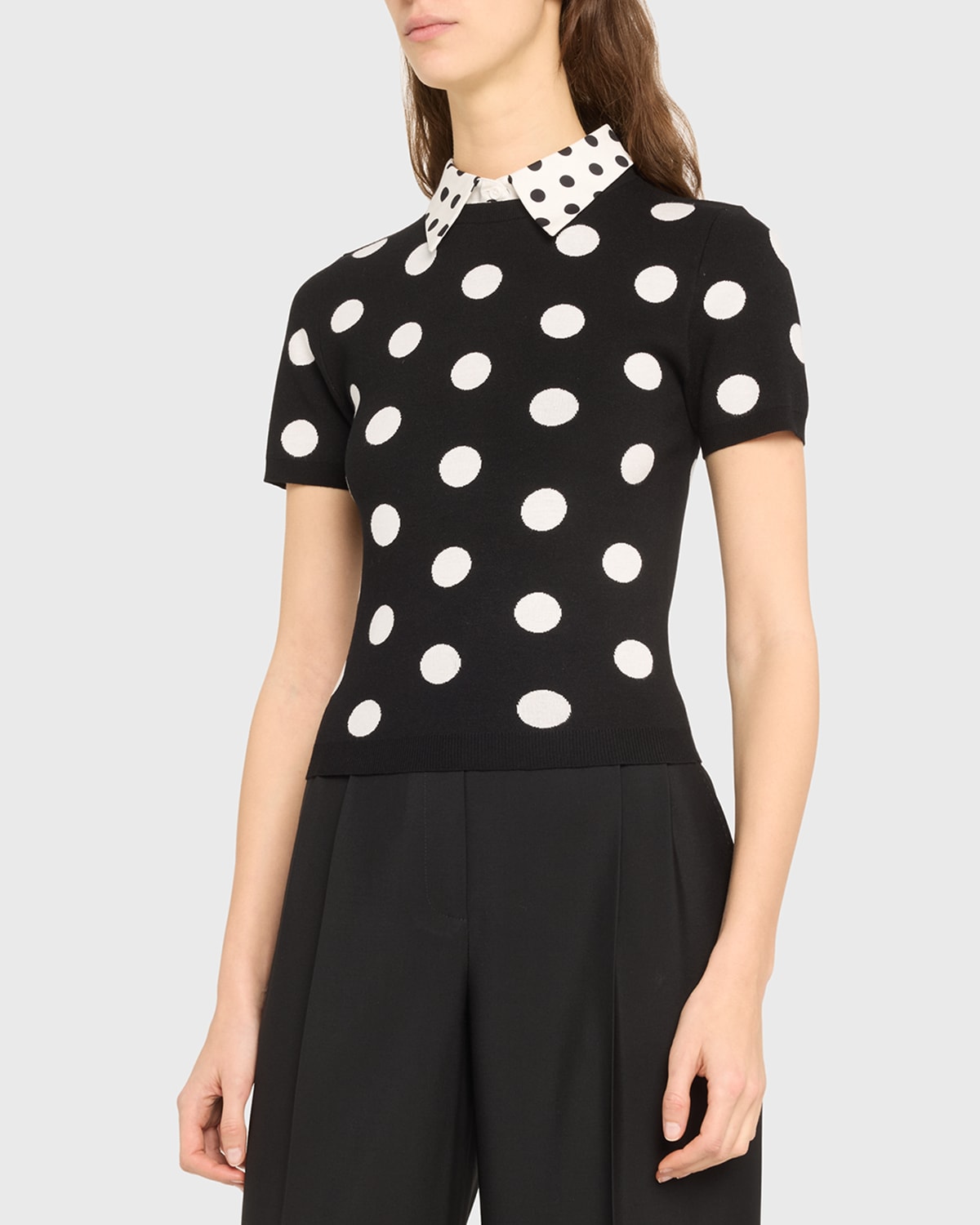 Shop Alice And Olivia Aster Polka-dot Short-sleeve Collared Pullover In Blacksoft White
