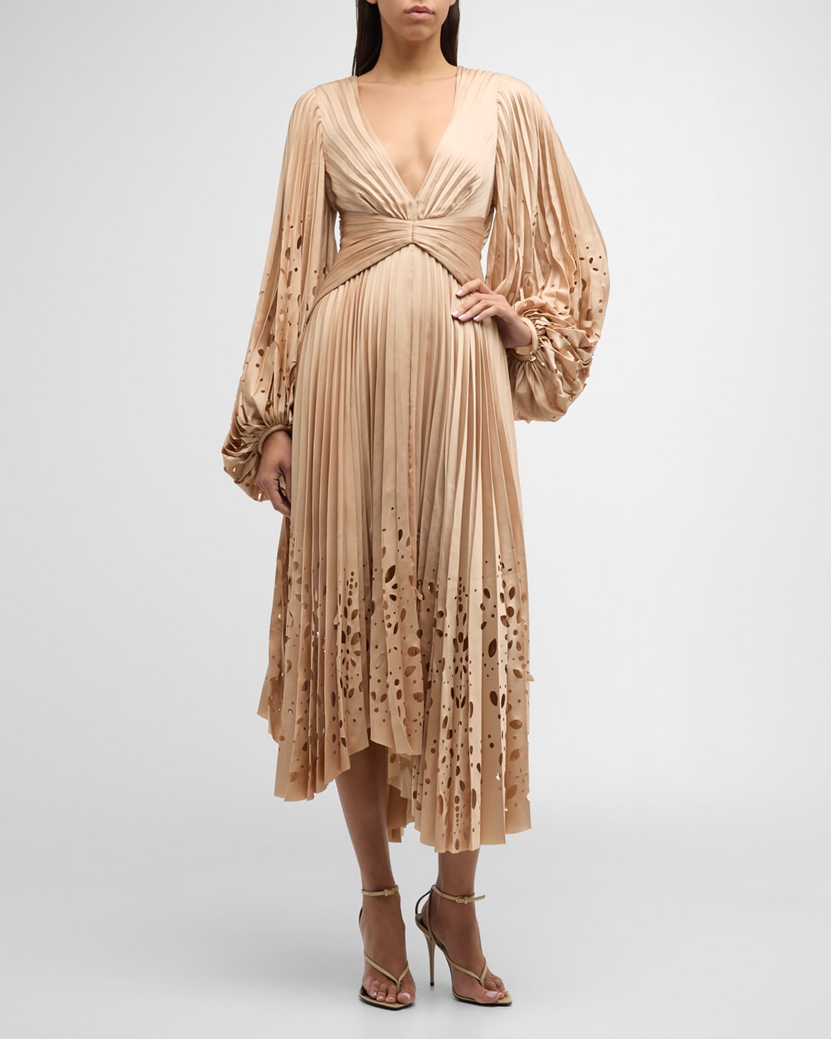 Acler Barlow Pleated Long-sleeve Midi Dress In Golden