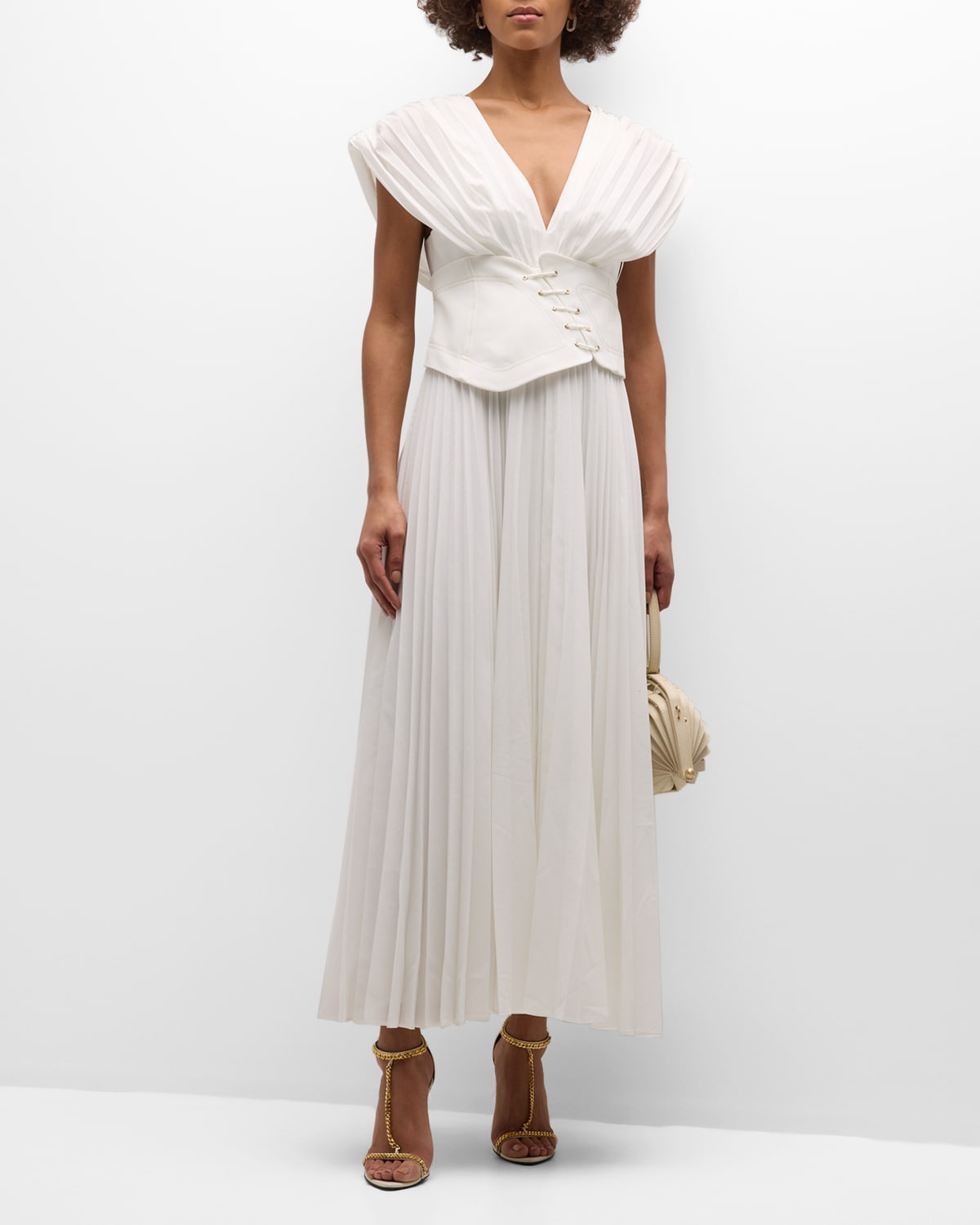 Shop Acler Airlie Pleated Corset Midi Dress In Ivory